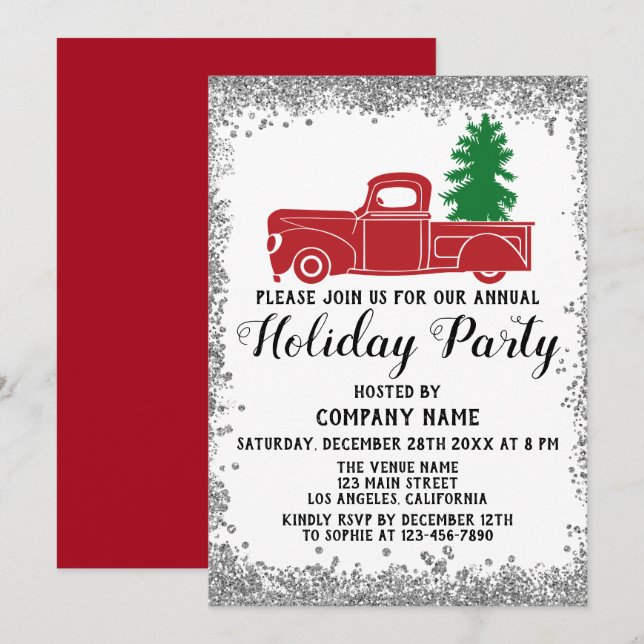 Red Truck Xmas Tree Company Holiday Party Silver Einladung (Vorne/Hinten)