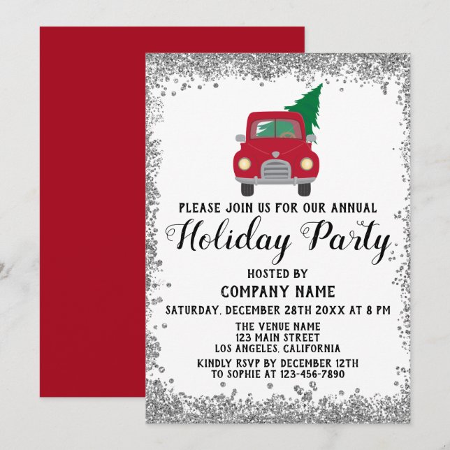 Red Truck Xmas Tree Company Holiday Party Silver Einladung (Vorne/Hinten)