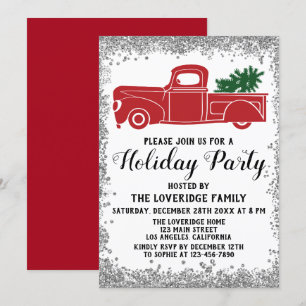 Red Truck Xmas Tree Weihnachtsfeier Silber Einladung
