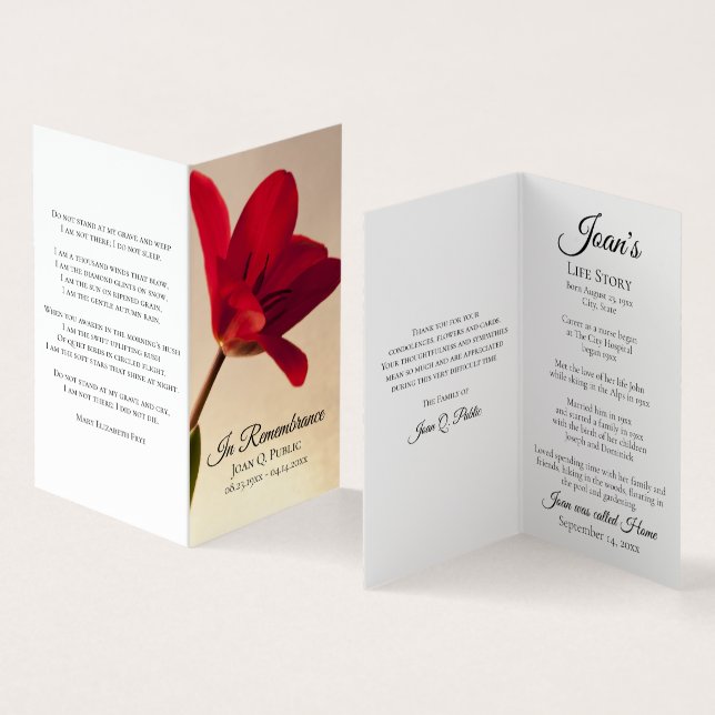 Red Tulip Floral Spring Beerdigung Gedenkgebet Visitenkarten (Innenseite und Außenseite)