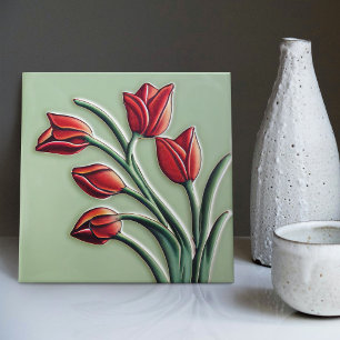 Red Tulip Wall Deco, Jugendstil Art Deco Keramik Fliese