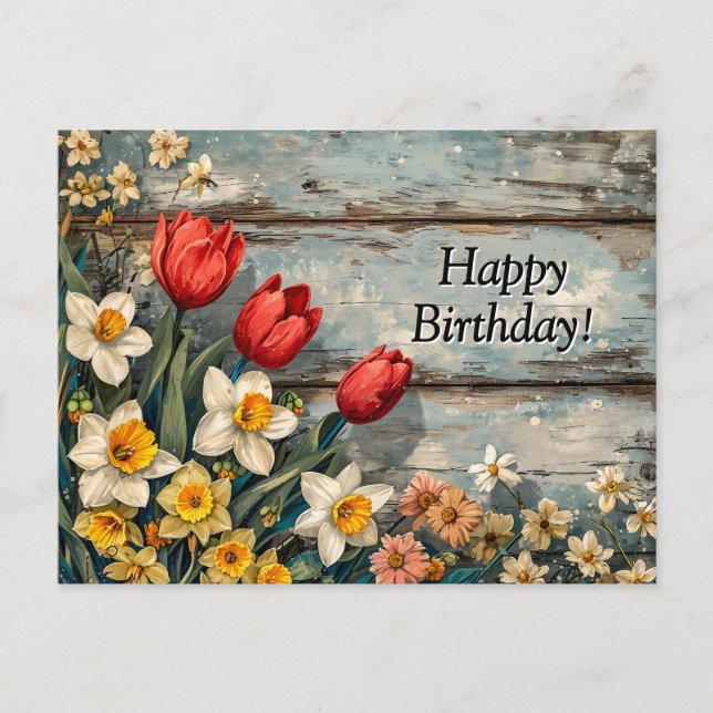 Red Tulips and Daffofils on Blue Wood Postkarte (Vorderseite)