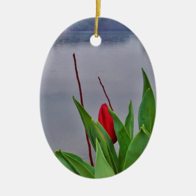Red Tulips Blue Lake Arrowhead Wasser Keramikornament (Vorne)