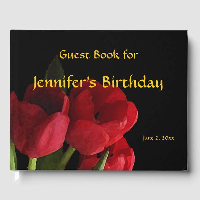 Red Tulips Floral Birthday Party Gästebuch (Vorderseite)