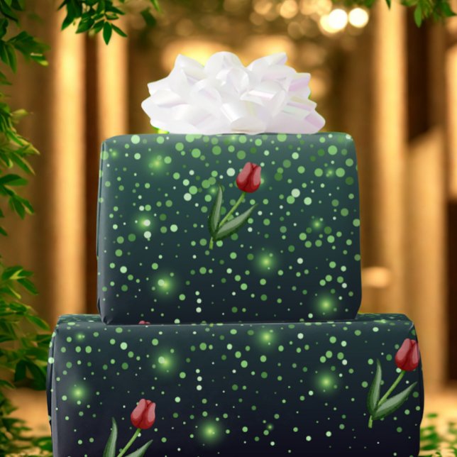 Red Tulips & Green Sparkle Gradient Gorgeous  Geschenkpapier (Luxurious Red Tulip Gift wrapping paper. )