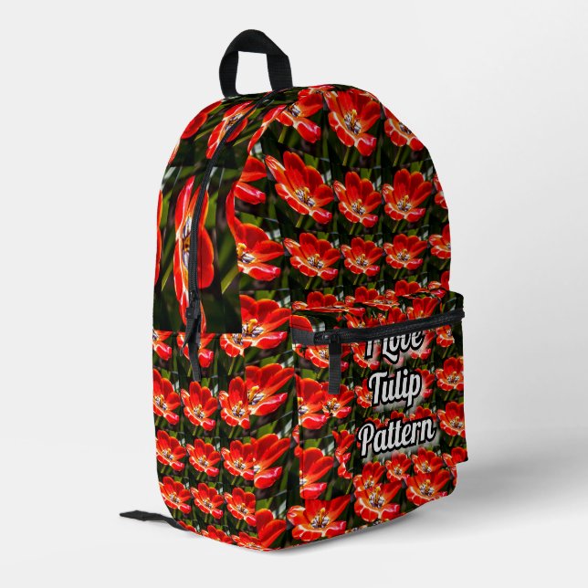 Red Tulips Pattern Bedruckter Rucksack (Rückseitige Ecke links)