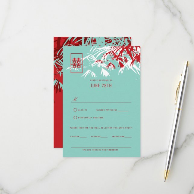 Red & Turquoise Bamboo Blätter Chinesischer Hochze RSVP Karte (Vorderseite/Rückseite Beispiel)