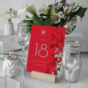 Red & Turquoise Bamboo Blätter Shuang Xi Wedding Tischnummer