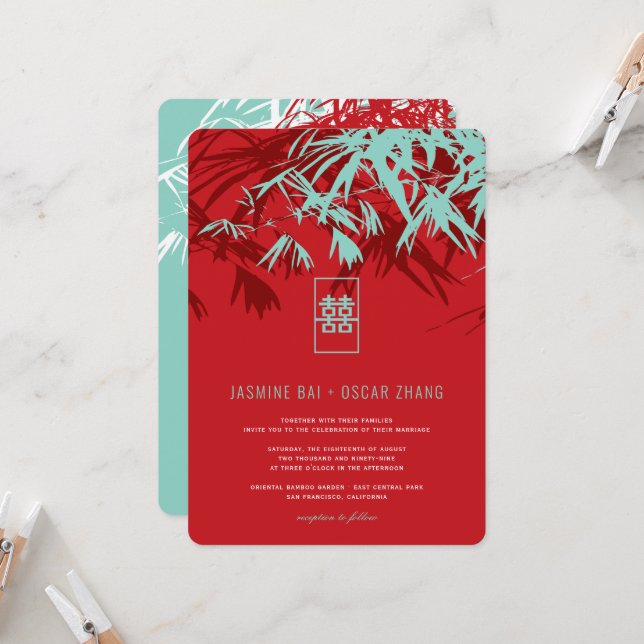 Red & Turquoise Bamboo Blätter Zen Chinesische Hoc Einladung (Vorderseite/Rückseite Beispiel)