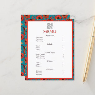 Red Turquoise Floral Café Restaurant Menu