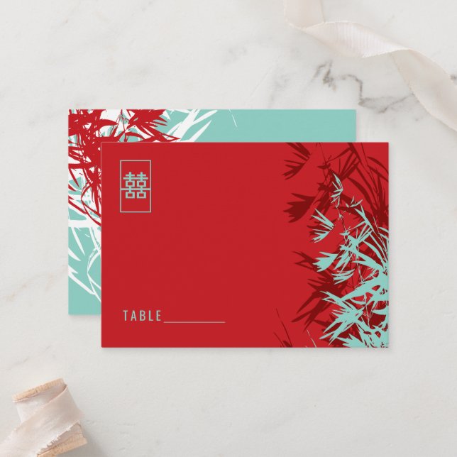 Red & Turquoise Zen Bamboo Blätter Chinesische Hoc Platzkarte (Vorderseite/Rückseite Beispiel)