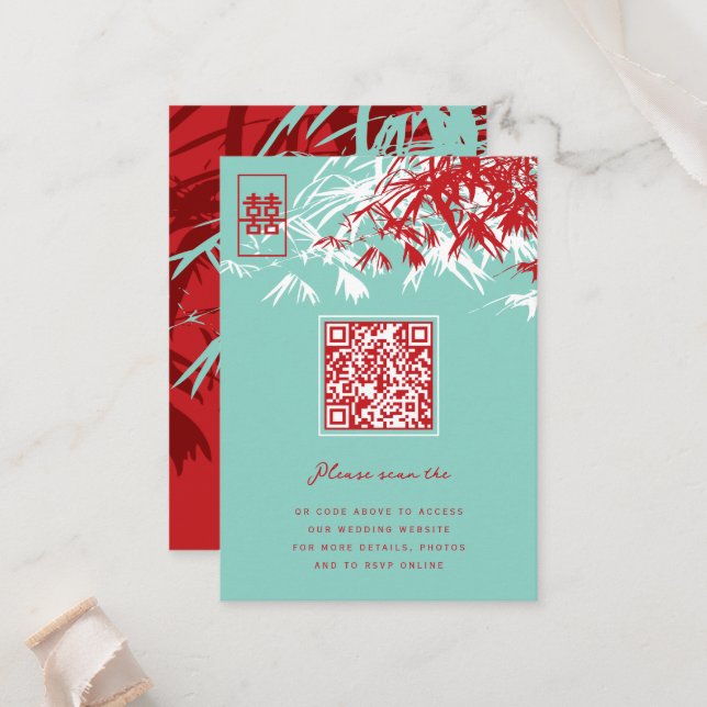 Red & Turquoise Zen Bamboo Blätter Chinesische Hoc Platzkarte (Vorderseite/Rückseite Beispiel)