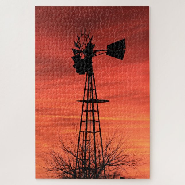Red Twilight Kansas Sunset Windmill Silhouette (Vertikal)