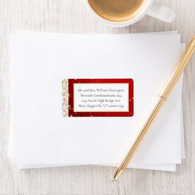 Red Twinkling Stars Snowflakes Wide Address Labels Adressaufkleber (Insitu)