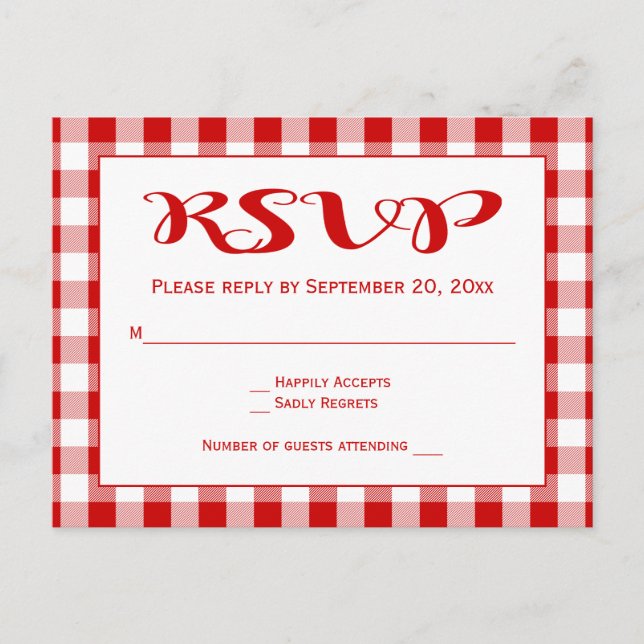 Red UAWG Gingham Kariert Karos Hochzeit Einladungspostkarte (Vorderseite)