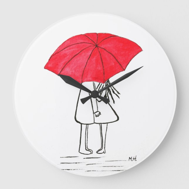 Red umbrella couple rustic wedding large clock große wanduhr (Vorderseite)