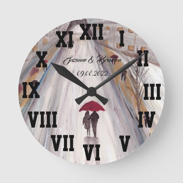 Red umbrella Love Couple Roman Numbers Wedding Rou Runde Wanduhr (Vorderseite)