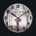 Red umbrella Love couple rustic romantic Wedding R Runde Wanduhr<br><div class="desc">Red umbrella watercolour painting. Love couple with red umbrella. Beautifully hand painted artwork by myself. Perfect for newlyweds,  couple.  Wedding anniversary gift. Valentine’s Day present. You can customize it with your names and date.</div>