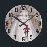 Red umbrella Love couple rustic romantic Wedding Runde Wanduhr<br><div class="desc">Red umbrella watercolour painting. Love couple with red umbrella. Beautifully hand painted artwork by myself. Perfect for newlyweds,  couple.  Wedding anniversary gift. Valentine’s Day present. You can customize it with your names and date.</div>