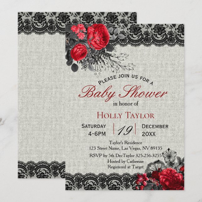 Red Valentine Floral Baby Dusche Einladung (Vorne/Hinten)