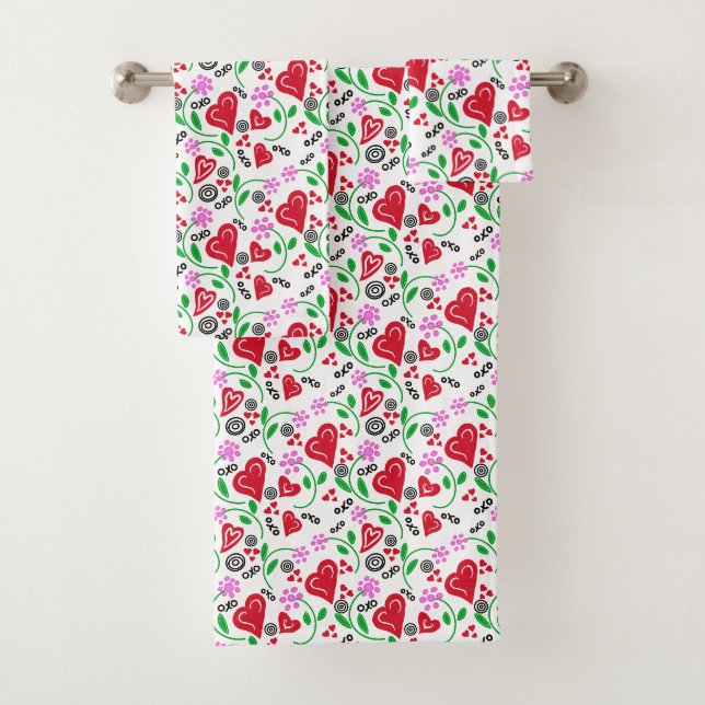 Red Valentine Hearts Rosa Blume Handtuch Badhandtuch Set (Insitu)