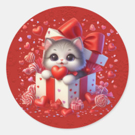 Red Valentine Kitten in einer Box Herz Band Runder Aufkleber