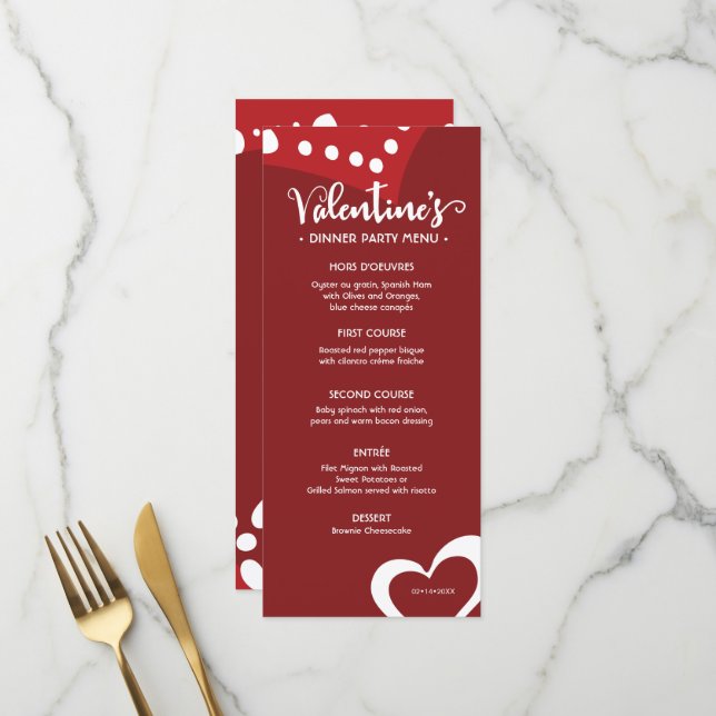Red Valentine's Day Hearts Custom Dinner Party Menükarte (Vorderseite/Rückseite Beispiel)