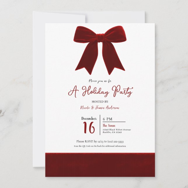 Red Velvet Bow Elegante Posh Foto Holiday Party Einladung (Vorderseite)