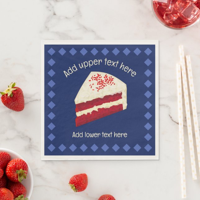 Red Velvet Cake Slices - Red & White auf dunkelbla Serviette (Beispiel)