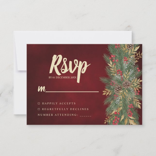 Red Velvet Christmas Botanical Wedding RSVP Card (Devant)