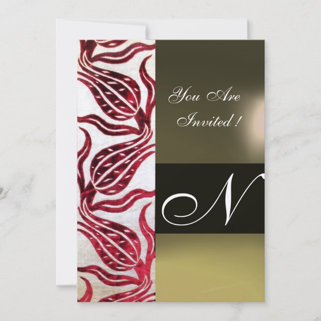 RED VELVET DAMASK TULIPS MONOGRAM Burgund Gold Einladung (Vorderseite)