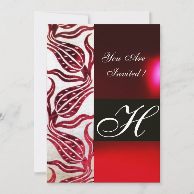 RED VELVET DAMASK TULIPS MONOGRAM Burgund White Einladung (Vorderseite)