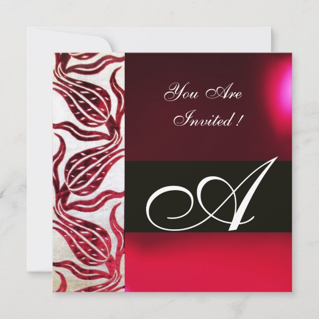 RED VELVET DAMASK TULIPS MONOGRAM Burgund White Einladung (Vorderseite)