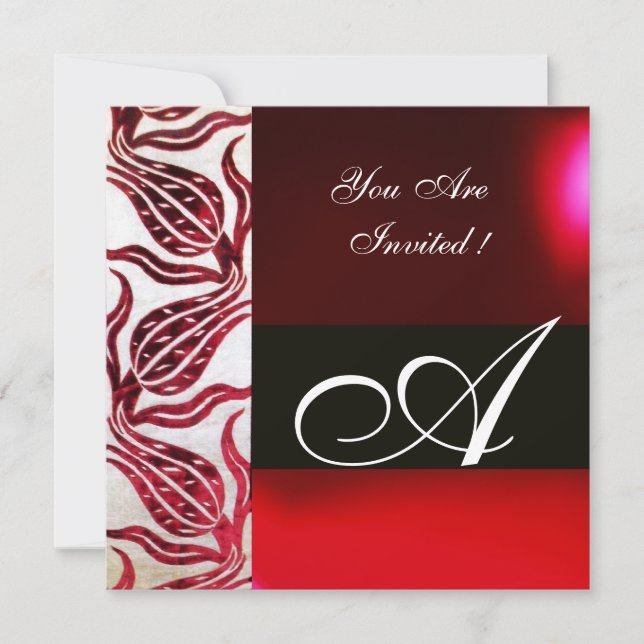 RED VELVET DAMASK TULIPS MONOGRAM Burgund White Einladung (Vorderseite)