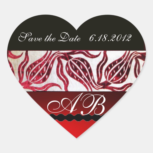 RED VELVET DAMASK TULIPS MONOGRAM Burgund White Herz-Aufkleber (Vorderseite)