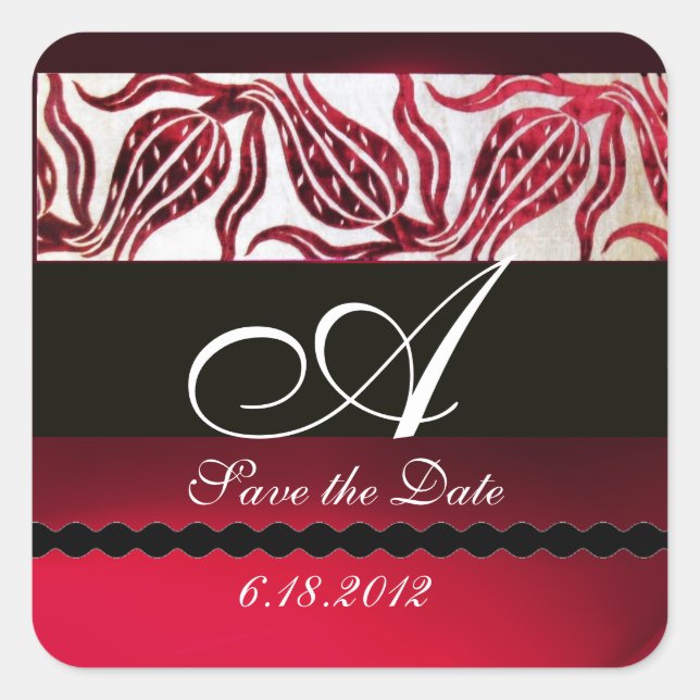RED VELVET DAMASK TULIPS MONOGRAM Burgund White Quadratischer Aufkleber (Vorderseite)