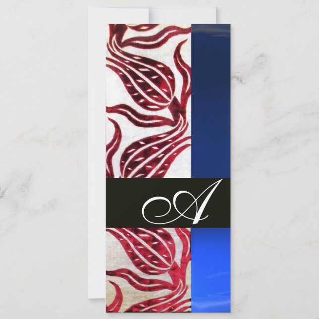 RED VELVET DAMASK TULIPS MONOGRAM Burgundy Blue Einladung (Vorderseite)