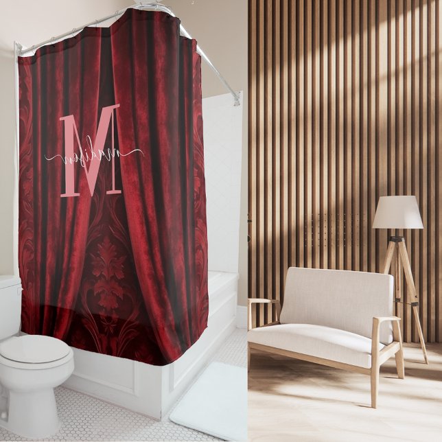 Red Velvet Pink Monogram Modern Script Wedding Duschvorhang (Von Creator hochgeladen)