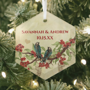 Red Vintag Bird Save the Date Damask Brown Notes Ornament Aus Glas