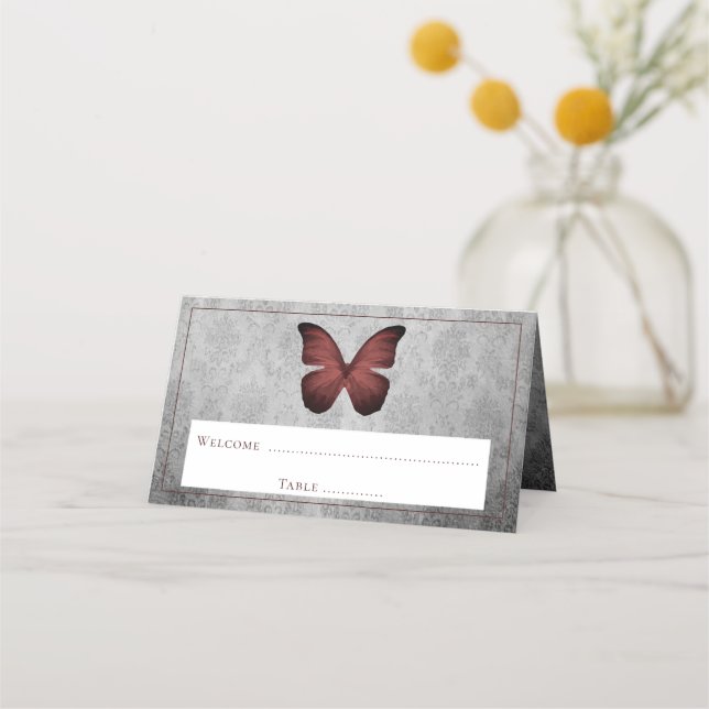 Red Vintag Butterfly Damask Empfang Platzkarte (Vorderseite)