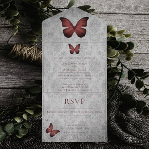 Red Vintag Butterfly Damask Wedding All In One Einladung