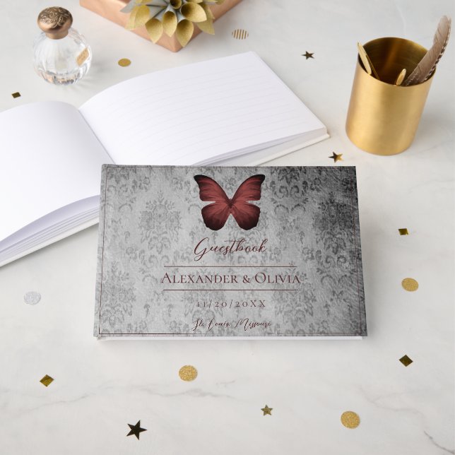 Red Vintag Butterfly Damask Wedding Gästebuch (Vorderseite Offen)