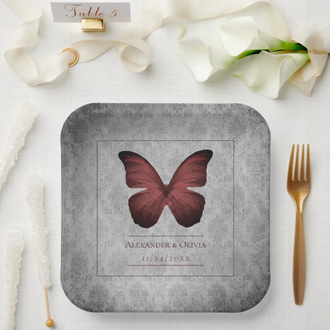 Red Vintag Butterfly Damask Wedding Pappteller (Hochzeit)