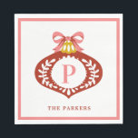 Red Vintag Monogram Christmas Ornament Napkins Serviette<br><div class="desc">Dieses altmodische Weihnachtsschmuckdesign bringt all diese guten Nostalgie-Farben aus vergangenen Zeiten. An der Vorderseite dieser Serviette befindet sich ein rotes, geblasenes Glasdekor mit einem rosa Bogen. Unten finden Sie einen Ort, um mit Ihrem Namen zu personalisieren. Es gibt einen Platz in der Mitte des Ornaments für Sie, um Ihren ersten...</div>