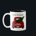 Red Vintag Pick up Truck & Christmas Tree Zweifarbige Tasse<br><div class="desc">Diese personalisierte Kaffeetasse bietet einen Vintagen,  roten Abholwagen mit einem frisch geschnittenen Weihnachtsbaum aus der Weihnachtsbaumfarm! Tailgate sagt frohe Weihnachten. Personalisieren Sie mit Ihrem Namen. Macht ein großartiges Geschenk! Teil einer Sammlung.</div>