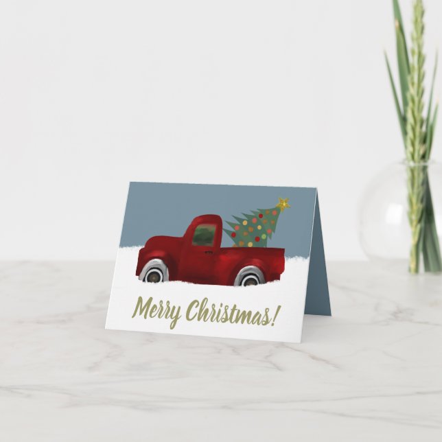 Red Vintag Retro Truck Weihnachtsbaum Feiertagskarte (Vorderseite)