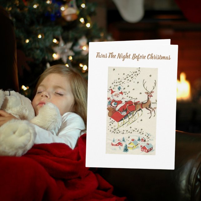 Red Vintag Santa Claus Flying Rentier Stars Karte (Von Creator hochgeladen)