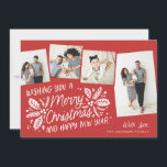 Red Vintag Tilted Snapshot 4 Multi-Foto Feiertagskarte<br><div class="desc">Diese festliche und schicke Urlaubskarte bietet Ihnen ein originelles,  handgezeichnet Winterfolien mit hübscher Typografie in Rot mit 4 spielerisch geklickten Fotos. Die Rückseite ist mit einem passenden Muster für eine besondere Touch versehen.</div>