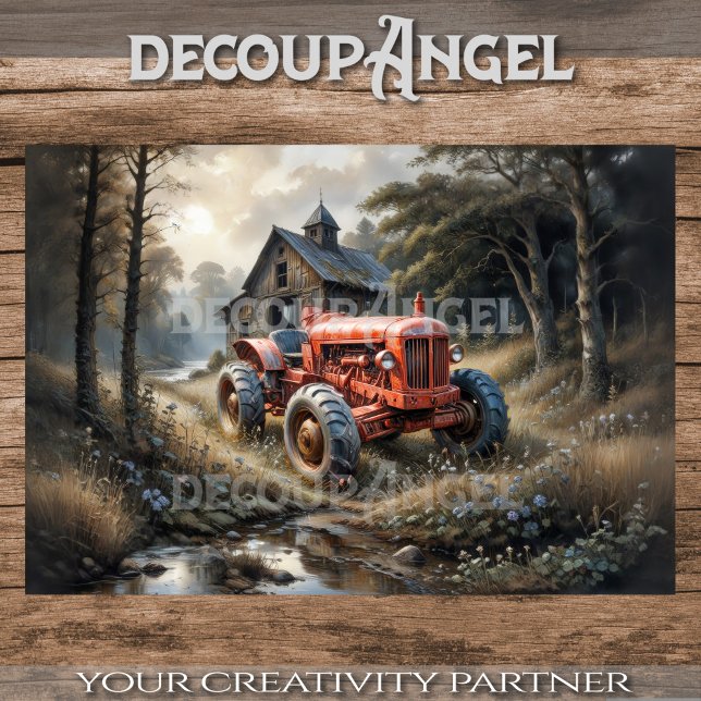 Red Vintag Tractor & Farmhouse Decoupage Seidenpapier (Von Creator hochgeladen)
