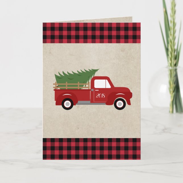 Red Vintag Truck Weihnachtsbaum Custom Feiertagskarte (Vorderseite)